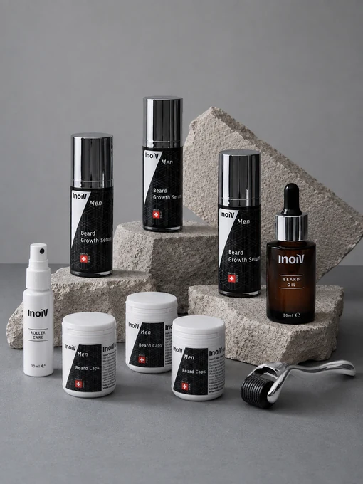 Inoiv Men Bartwuchs 12-Wochen-Kur mit je 3x Beard Growth Serum und Beard Caps sowie Beard Oil und Beard Roller