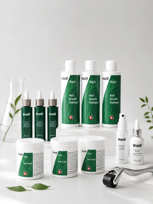 Inoiv Haarausfall 12-Wochen-Kur mit je 3x Hair Growth Serum, Shampoo und Hair Caps sowie Pure Caffeine und Hair Roller